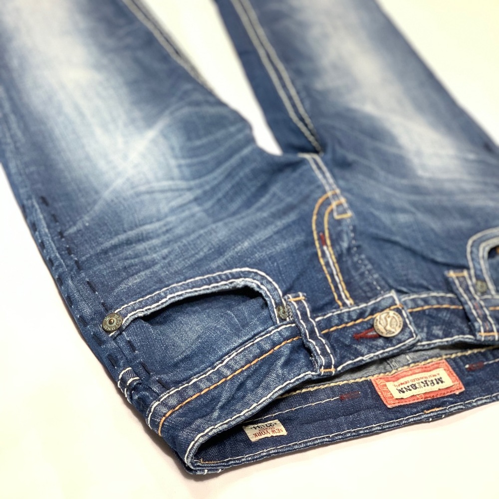 MEK Jeans 27 x 29 1/2” Rd/Tn/Wht/Blu Contrast - Picture 4 of 6